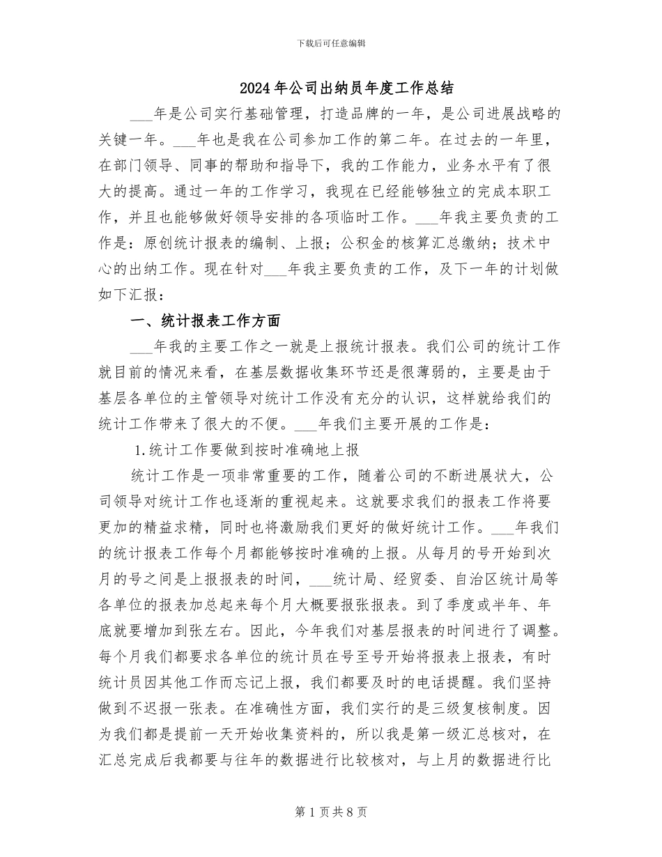 2024年公司出纳员年度工作总结_第1页