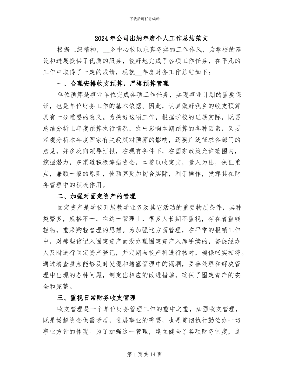 2024年公司出纳年度个人工作总结范文_第1页