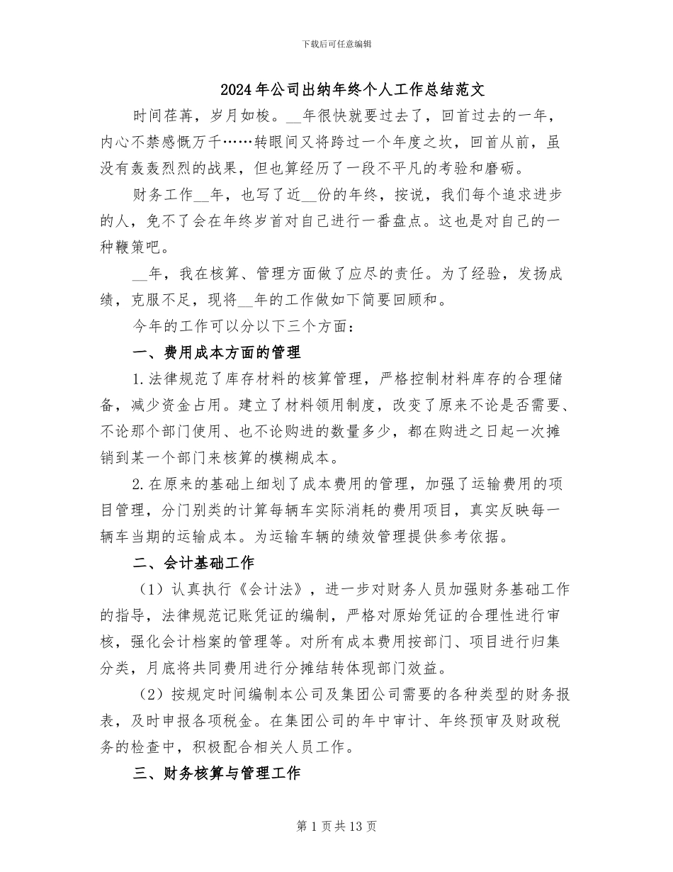 2024年公司出纳年终个人工作总结范文_第1页