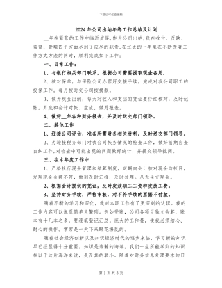 2024年公司出纳年终工作总结及计划