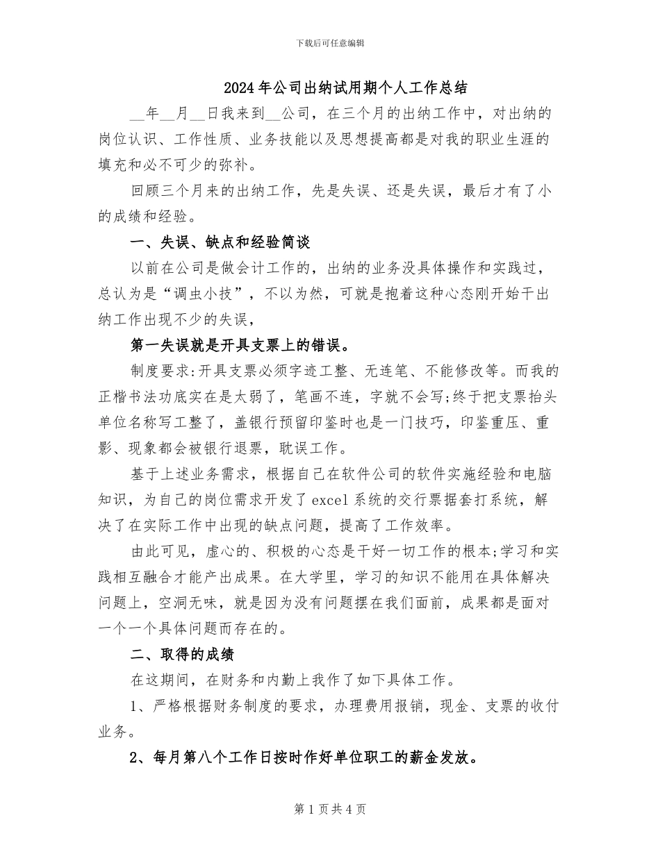 2024年公司出纳试用期个人工作总结_第1页