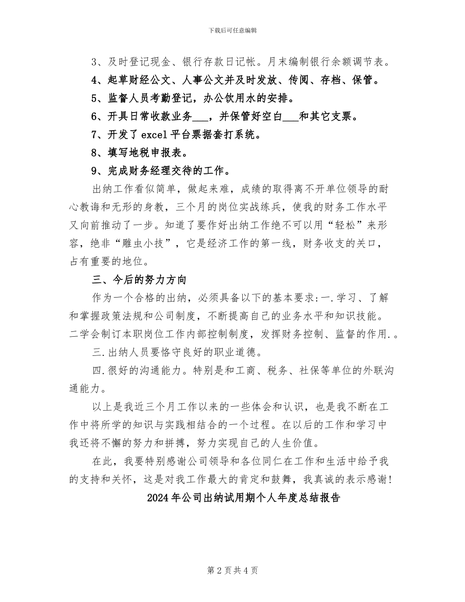 2024年公司出纳试用期个人工作总结_第2页
