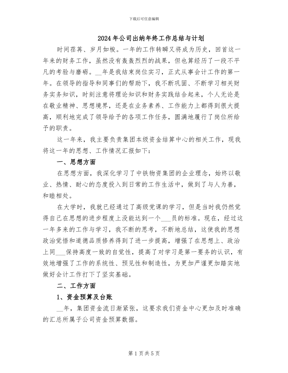 2024年公司出纳年终工作总结与计划_第1页