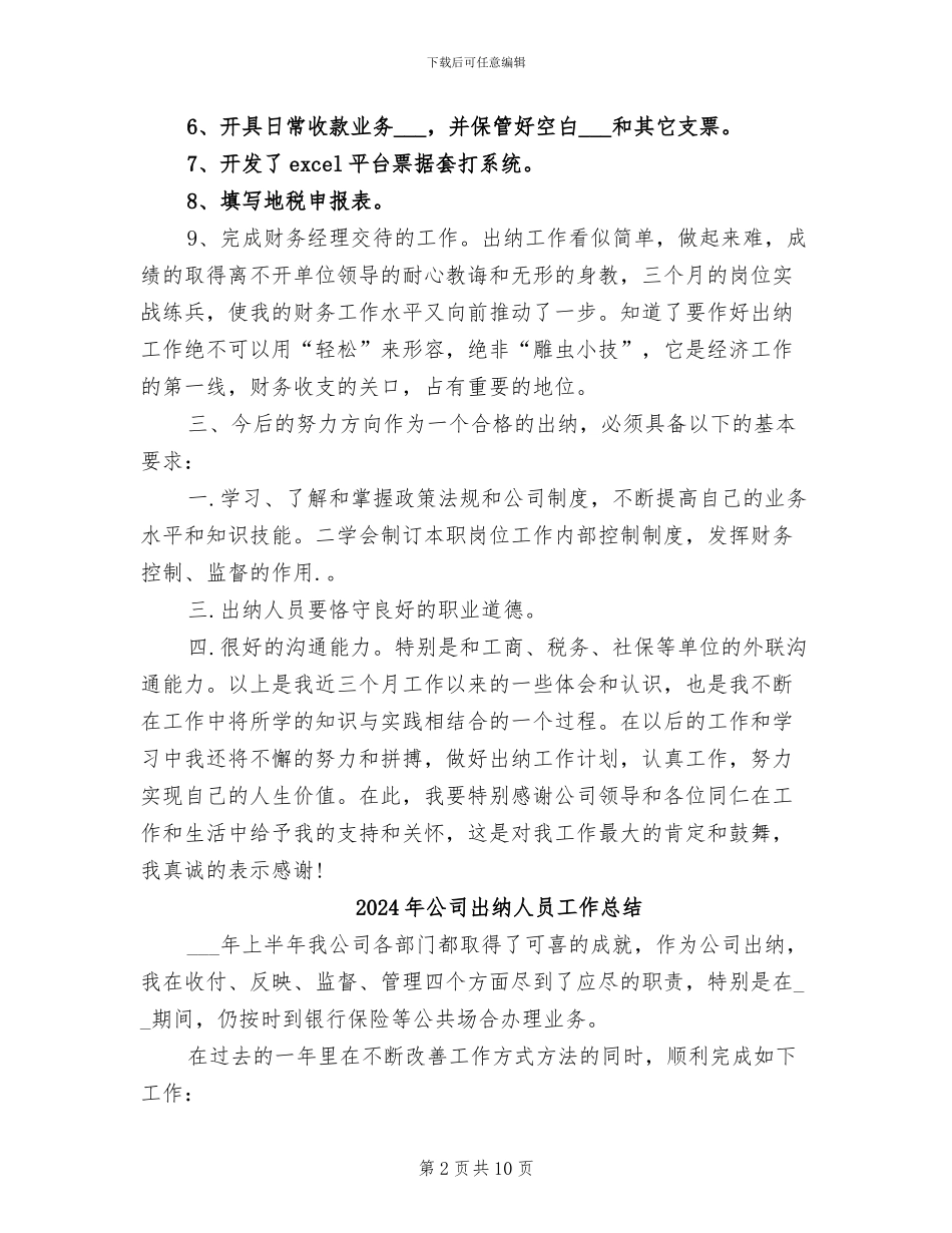 2024年公司出纳个人试用期年度总结_第2页