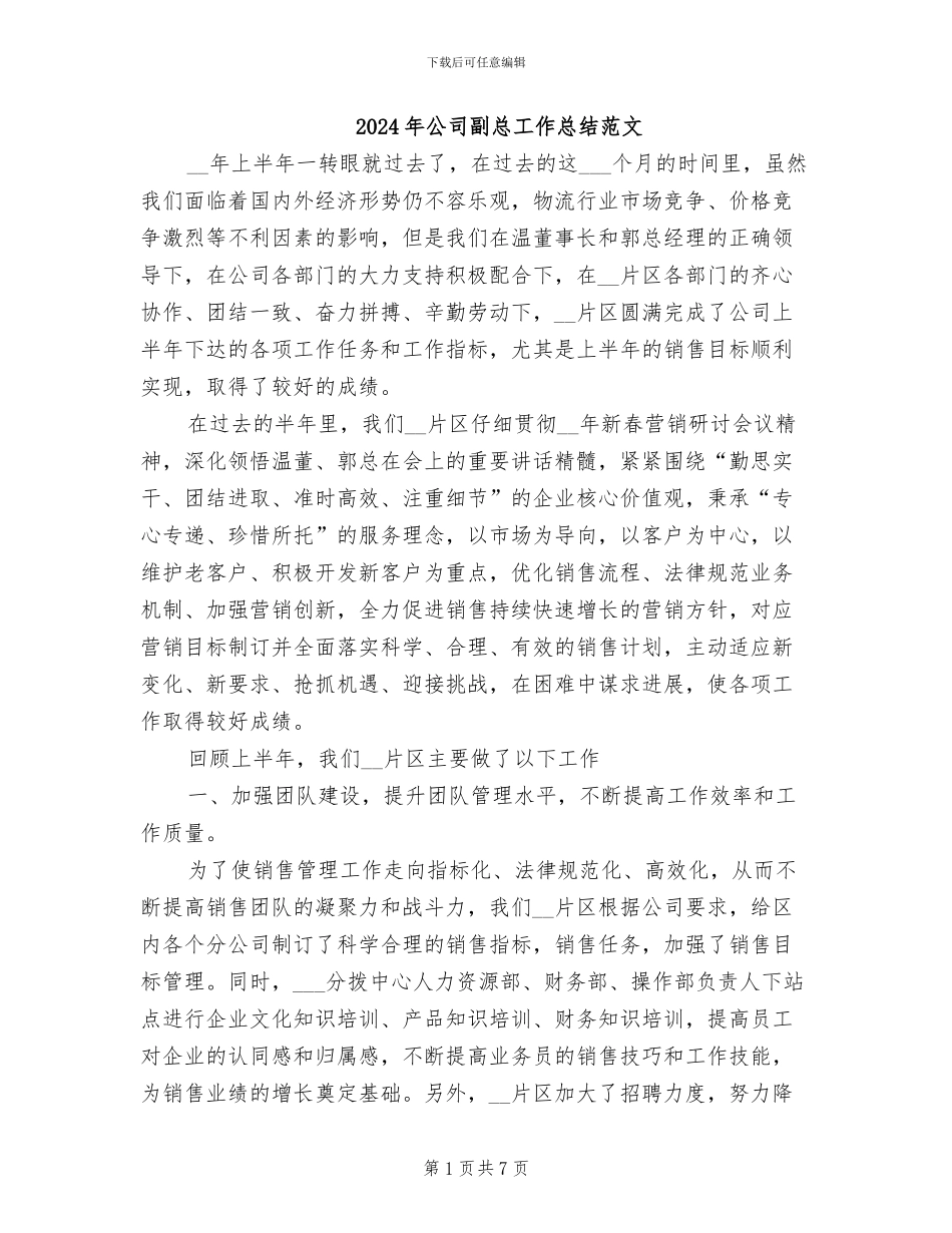 2024年公司副总工作总结范文_第1页