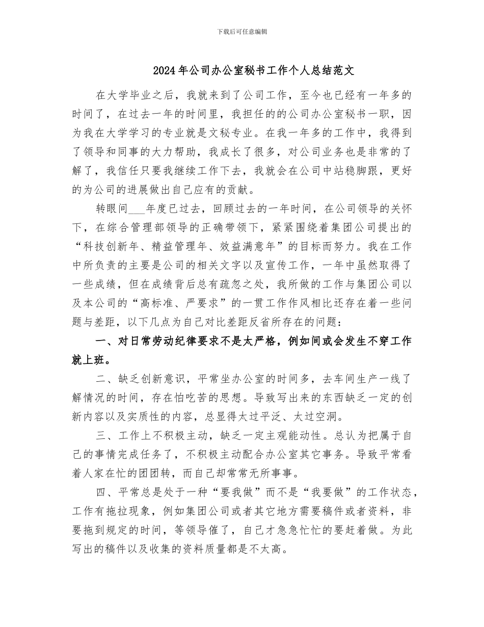 2024年公司办公室秘书工作个人总结范文_第1页