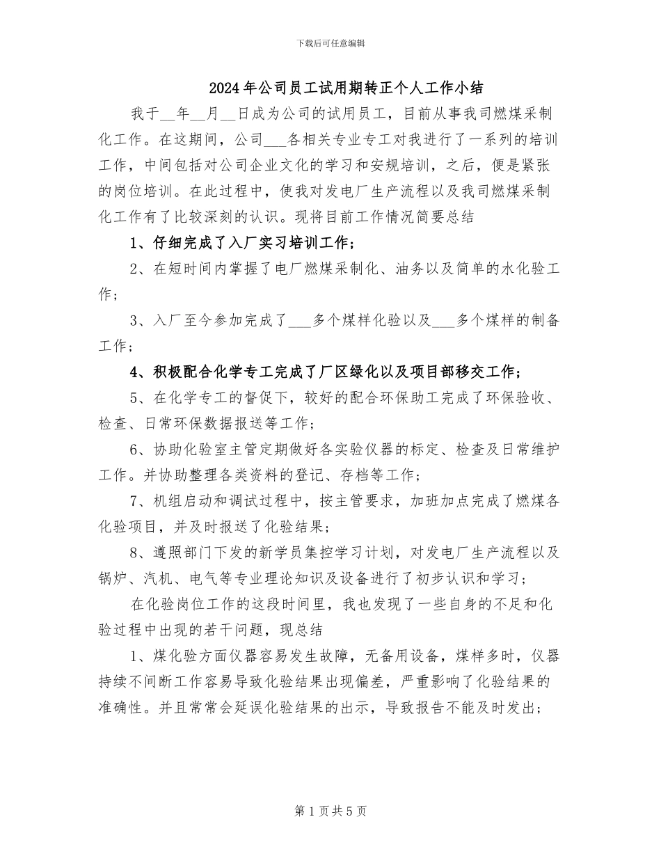 2024年公司员工试用期转正个人工作小结_第1页