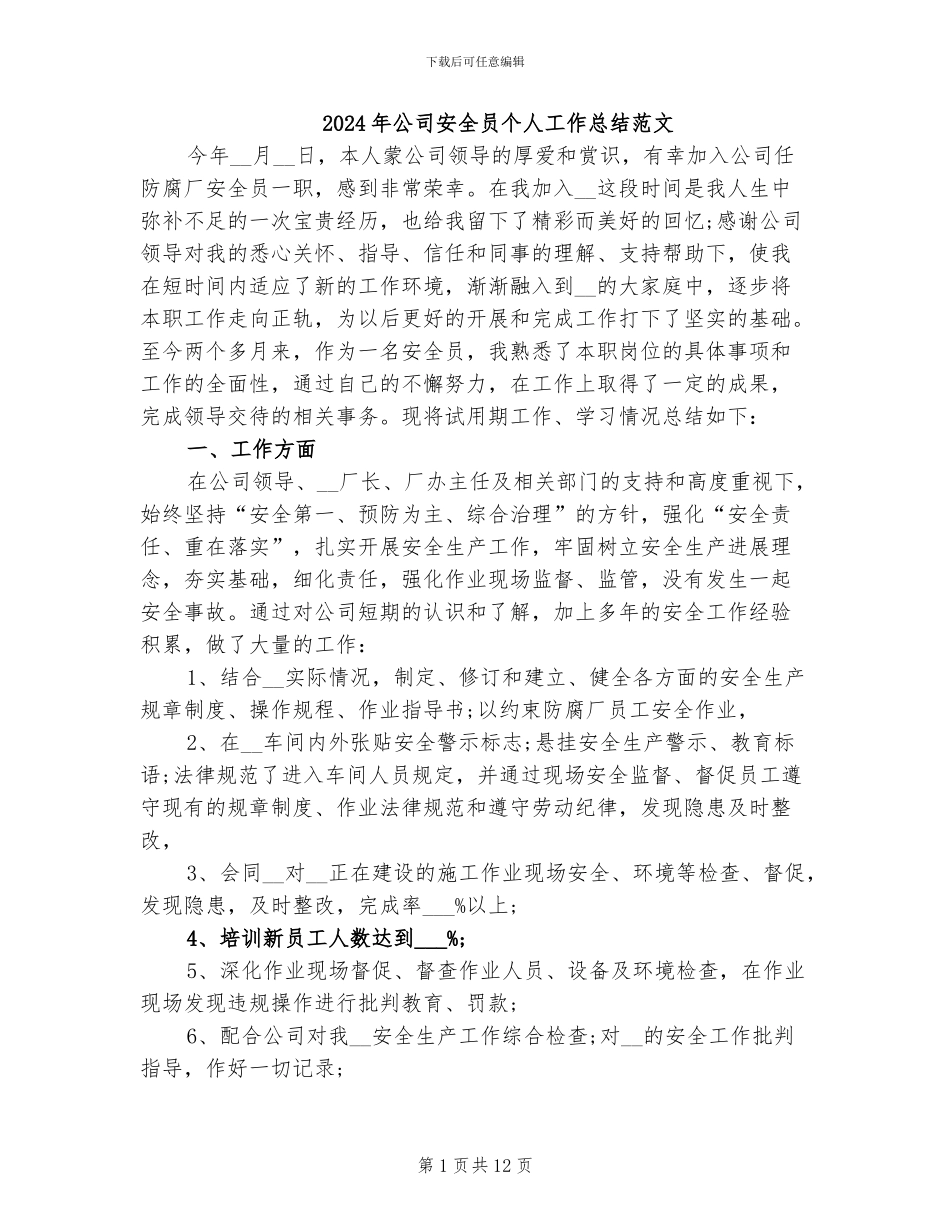 2024年公司安全员个人工作总结范文_第1页