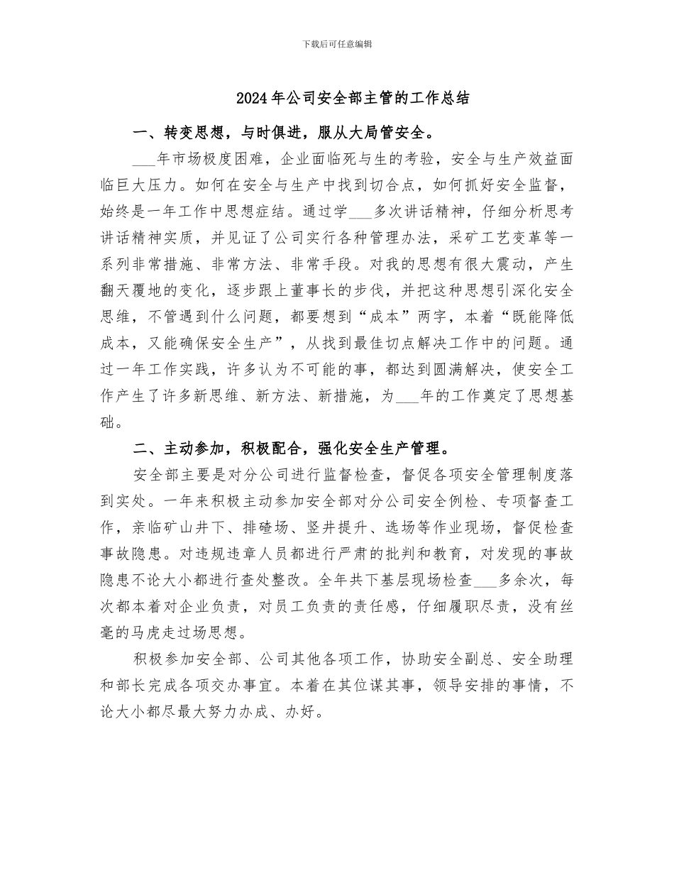 2024年公司安全部主管的工作总结_第1页