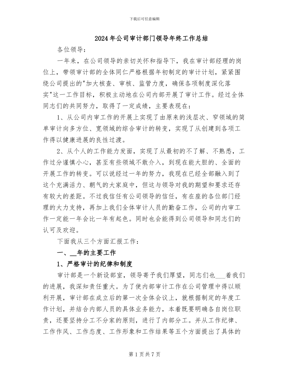 2024年公司审计部门领导年终工作总结_第1页