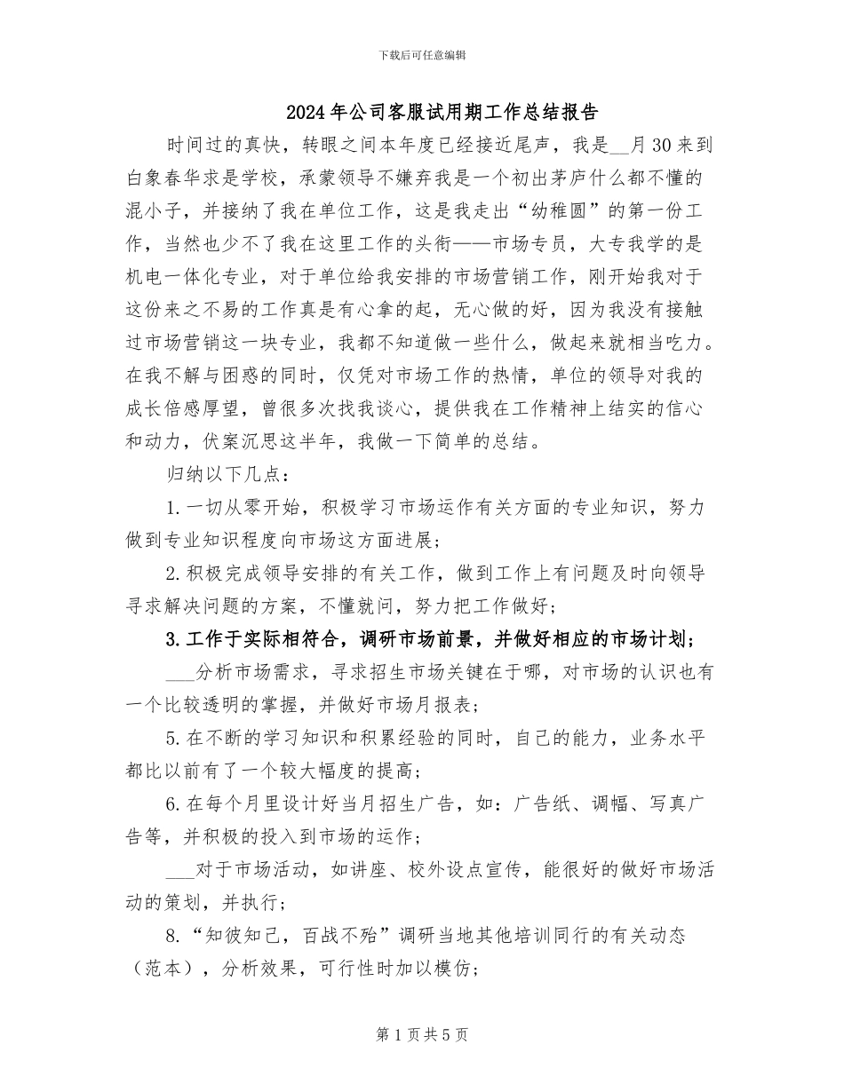 2024年公司客服试用期工作总结报告_第1页