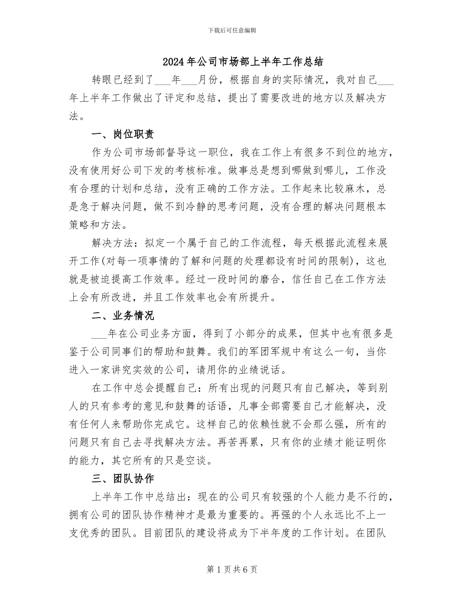 2024年公司市场部上半年工作总结_第1页