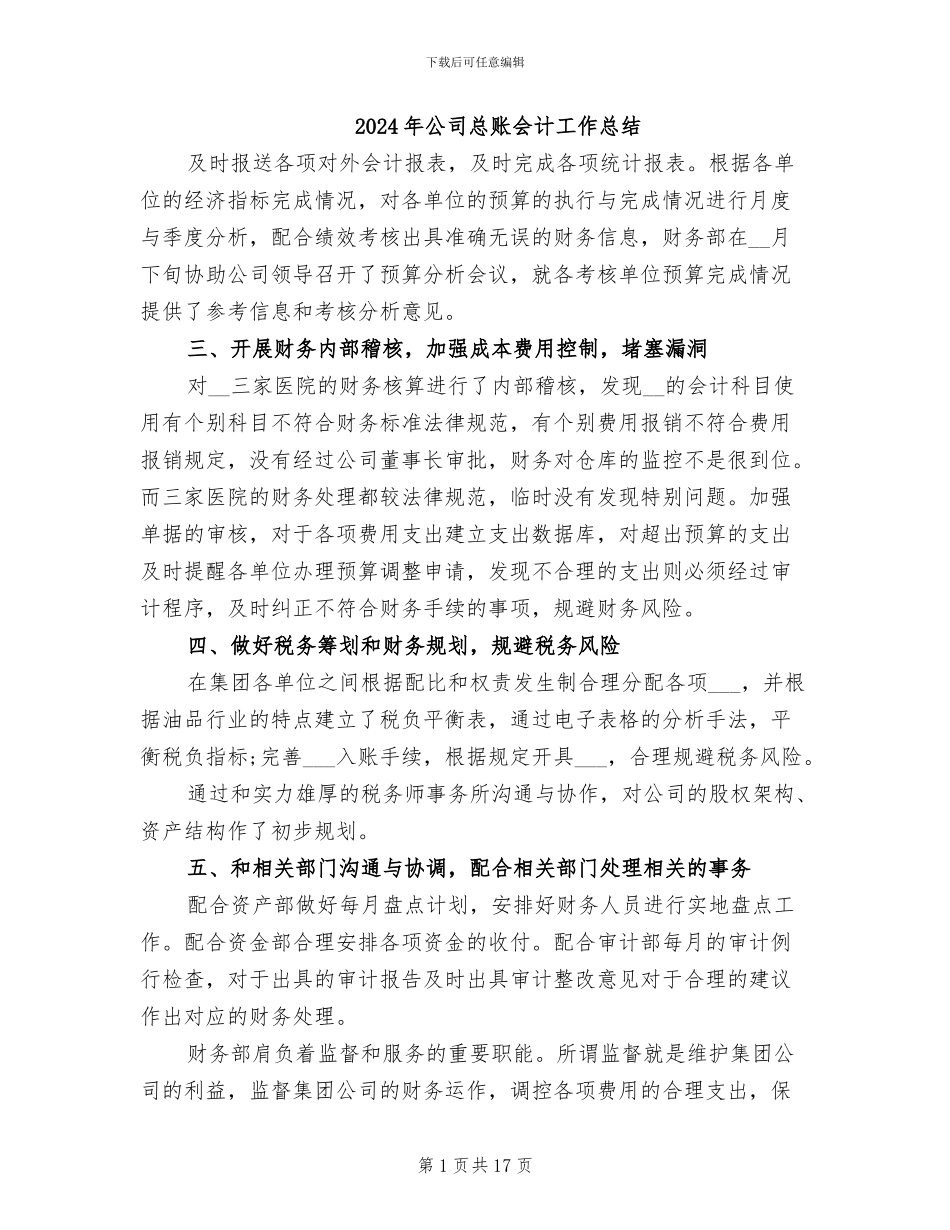 2024年公司总账会计工作总结_第1页