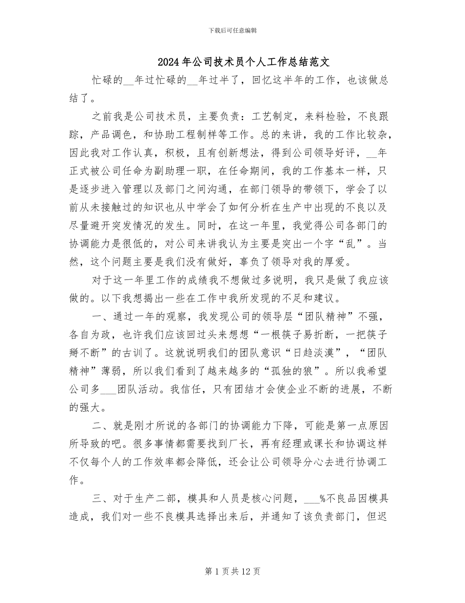 2024年公司技术员个人工作总结范文_第1页