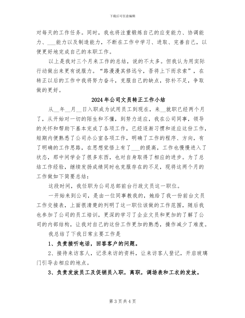 2024年公司文员试用期转正总结_第3页