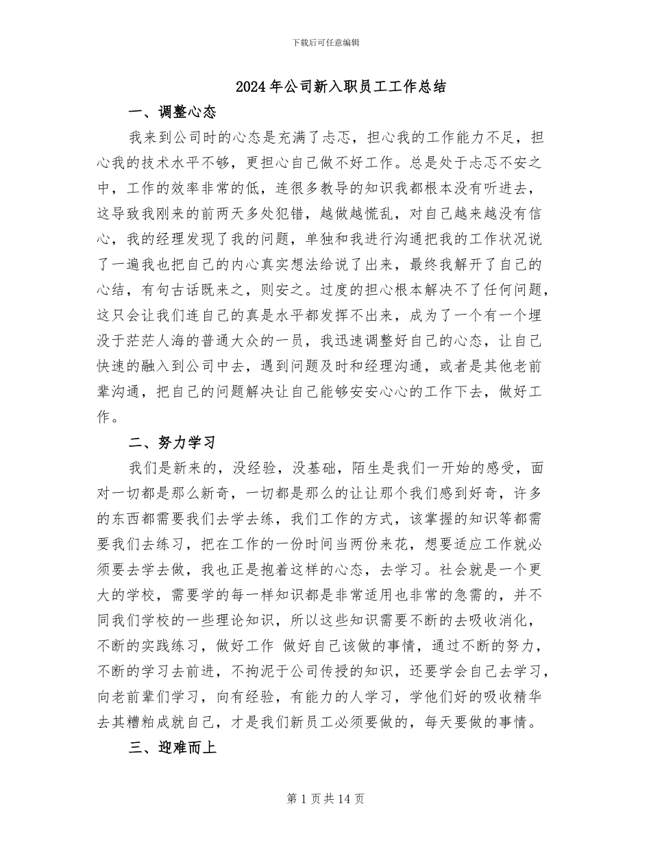 2024年公司新入职员工工作总结_第1页