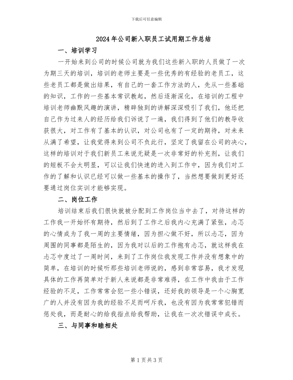 2024年公司新入职员工试用期工作总结_第1页