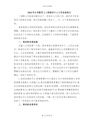 2024年公司新员工入职培训个人工作总结范文