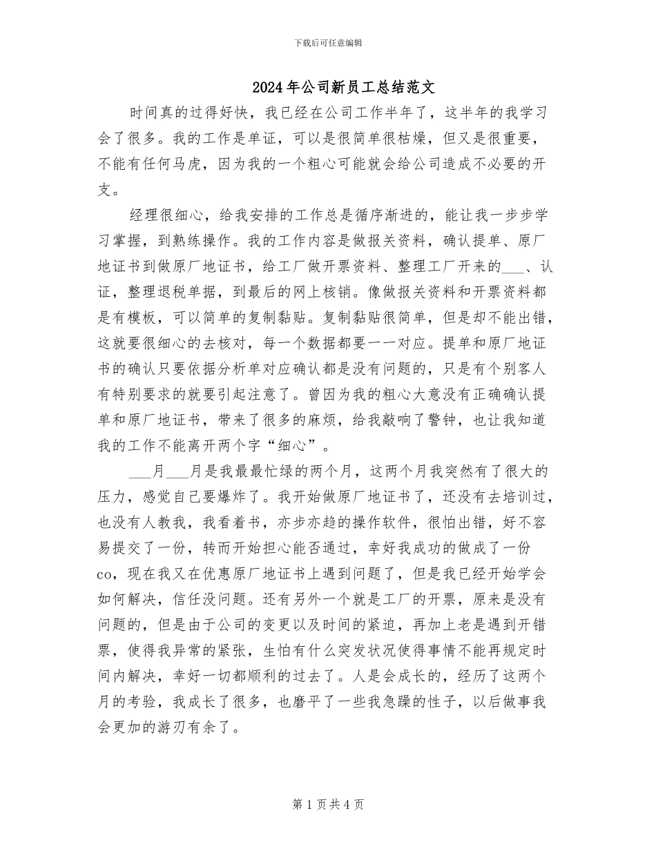 2024年公司新员工总结范文_第1页