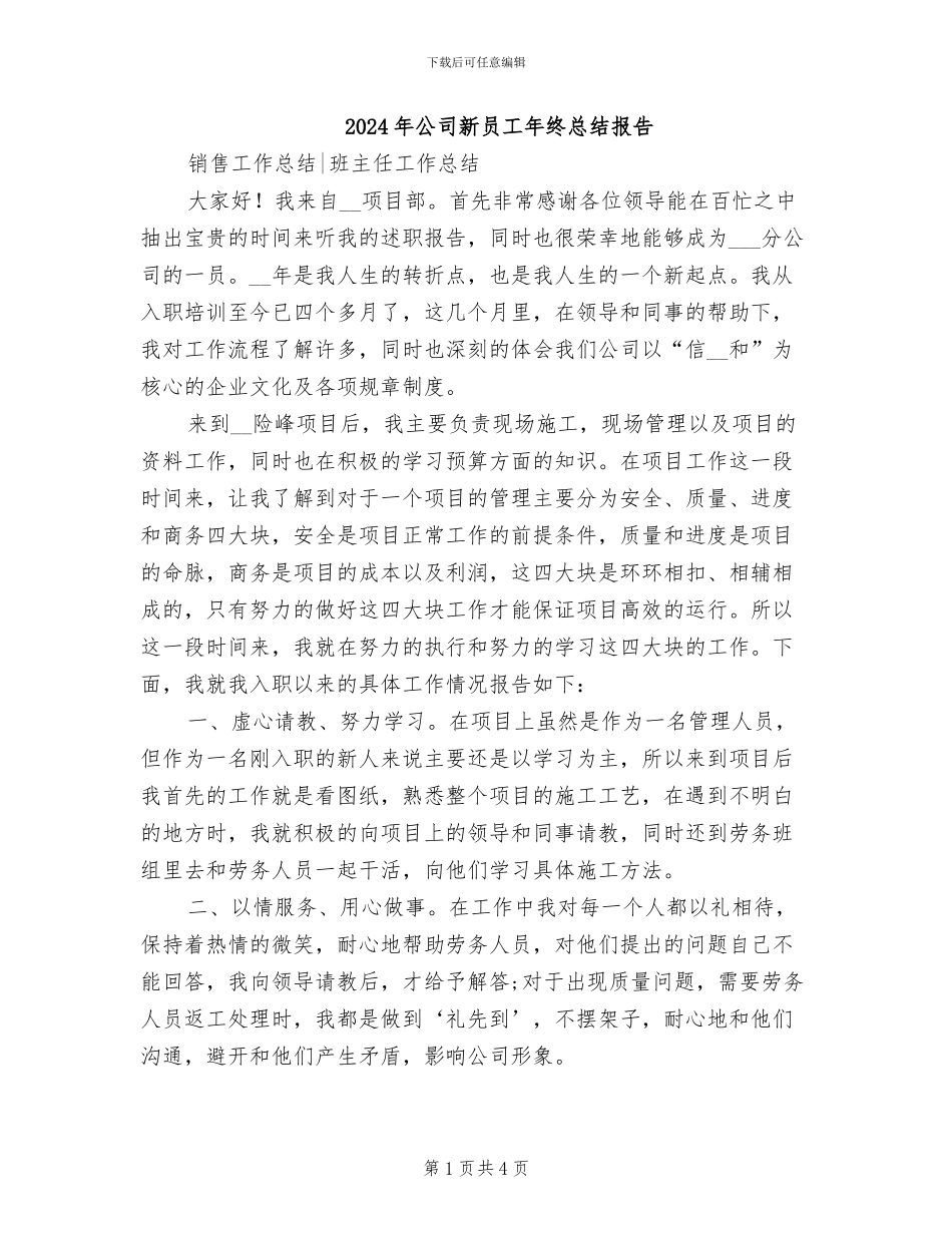 2024年公司新员工年终总结报告_第1页