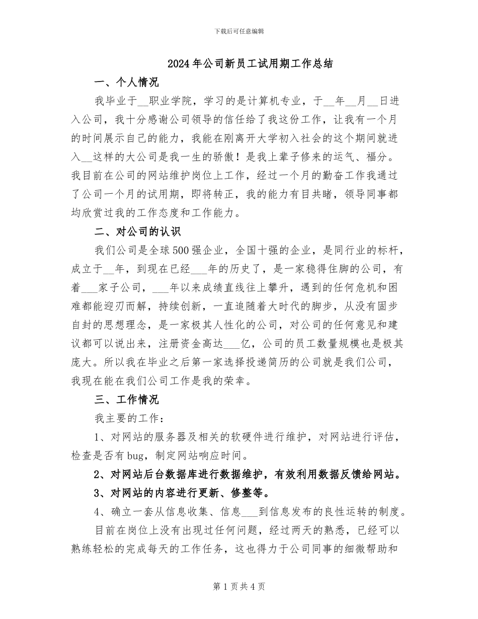 2024年公司新员工试用期工作总结_第1页