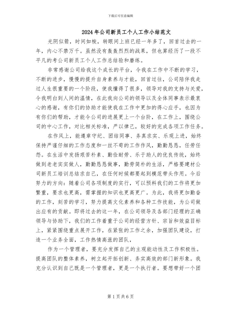 2024年公司新员工个人工作小结范文_第1页
