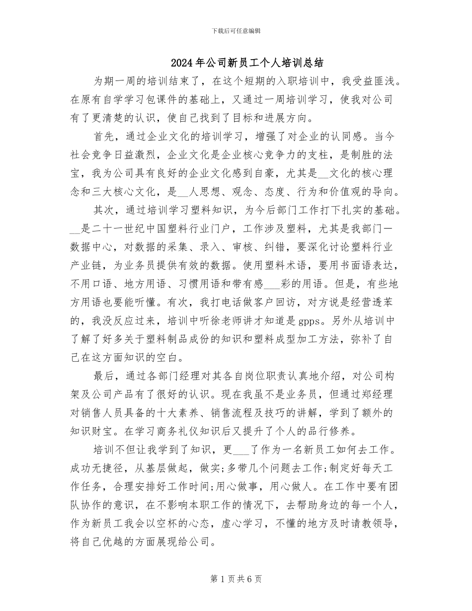 2024年公司新员工个人培训总结_第1页