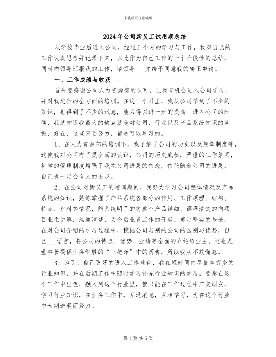 2024年公司新员工试用期总结_第1页