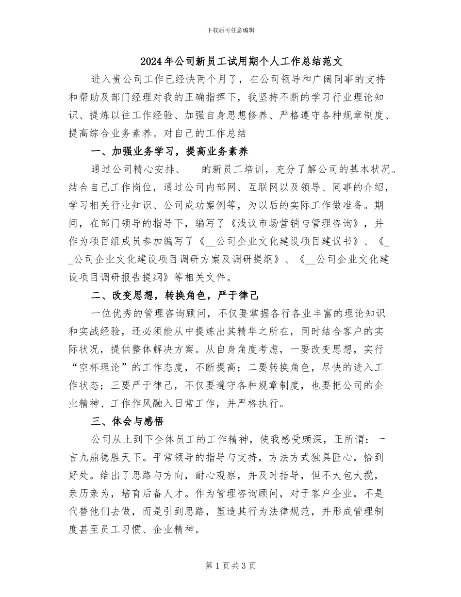 2024年公司新员工试用期个人工作总结范文_第1页