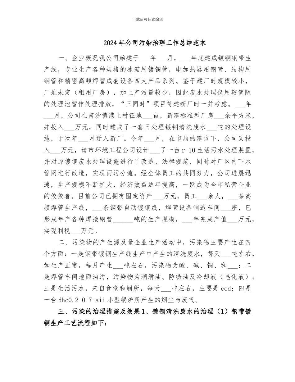 2024年公司污染治理工作总结范本_第1页