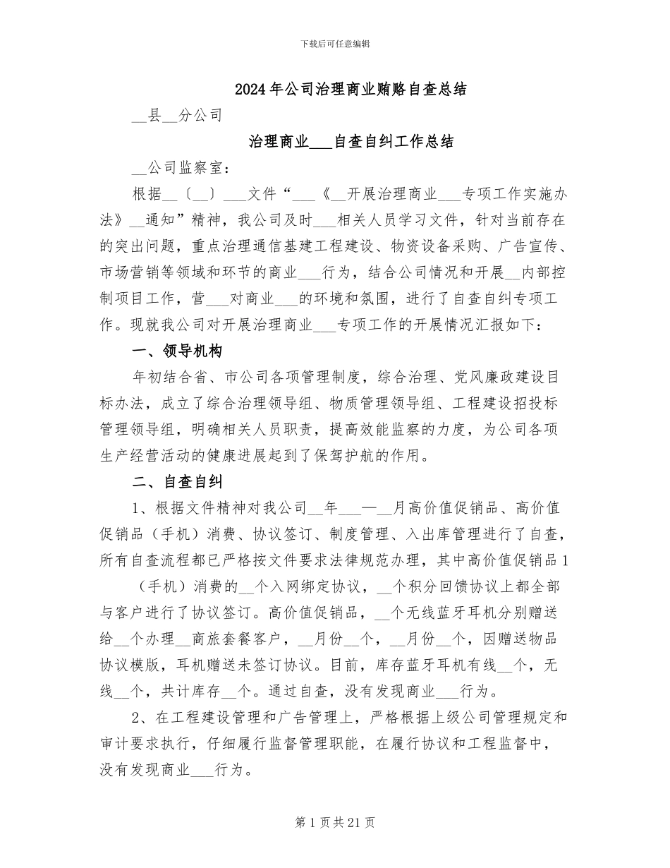 2024年公司治理商业贿赂自查总结_第1页