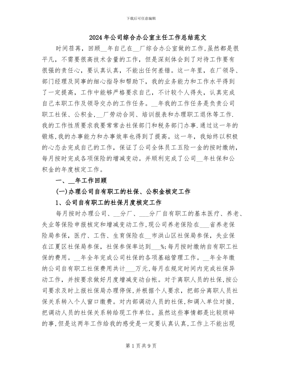 2024年公司综合办公室主任工作总结范文_第1页
