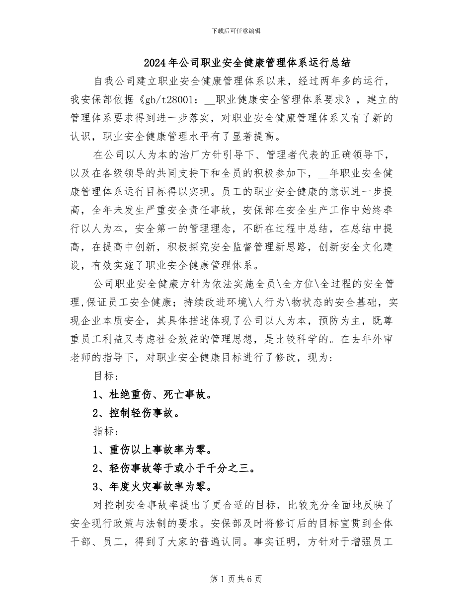 2024年公司职业安全健康管理体系运行总结_第1页