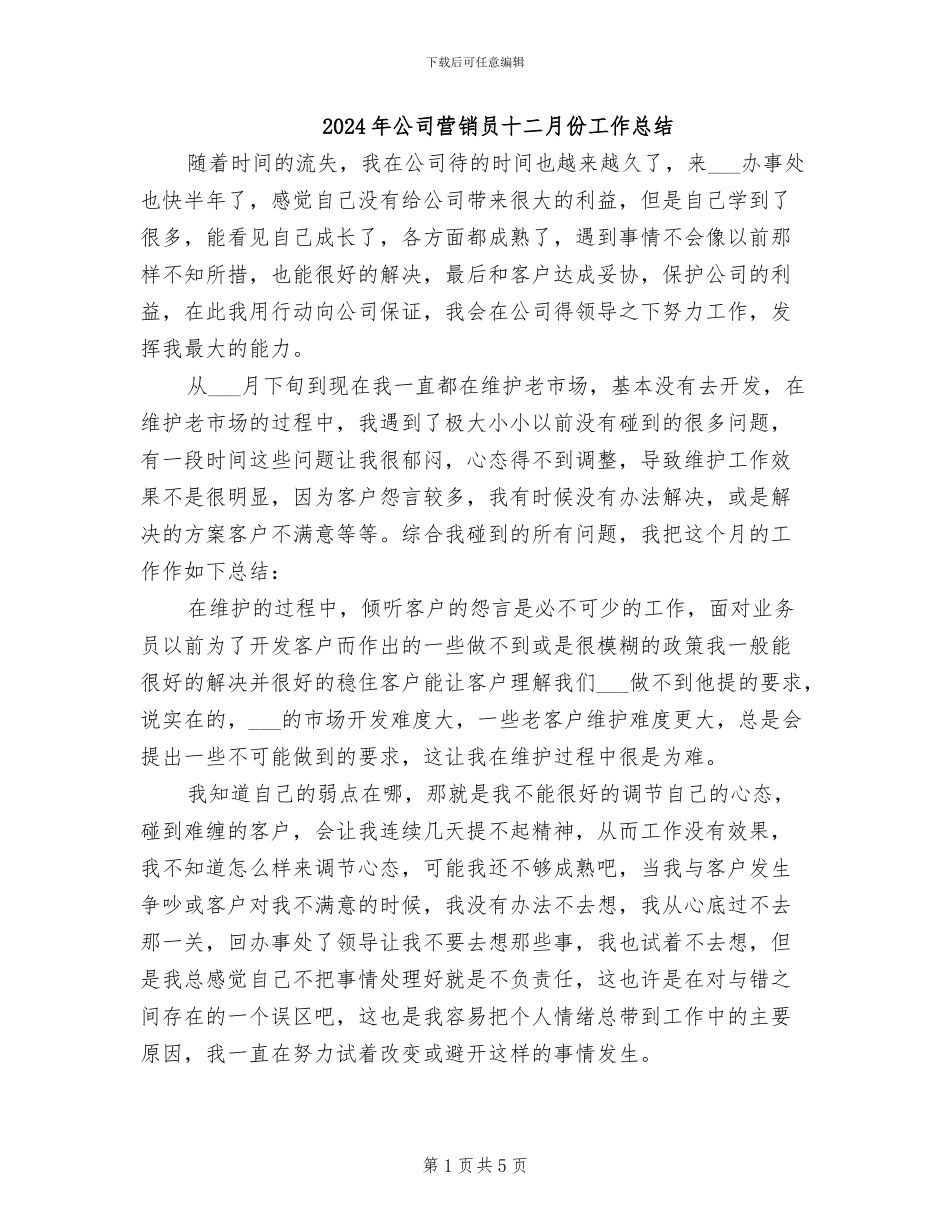 2024年公司营销员十二月份工作总结_第1页
