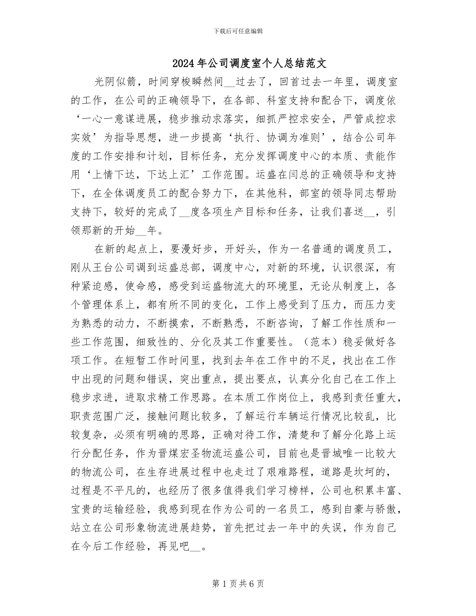 2024年公司调度室个人总结范文_第1页