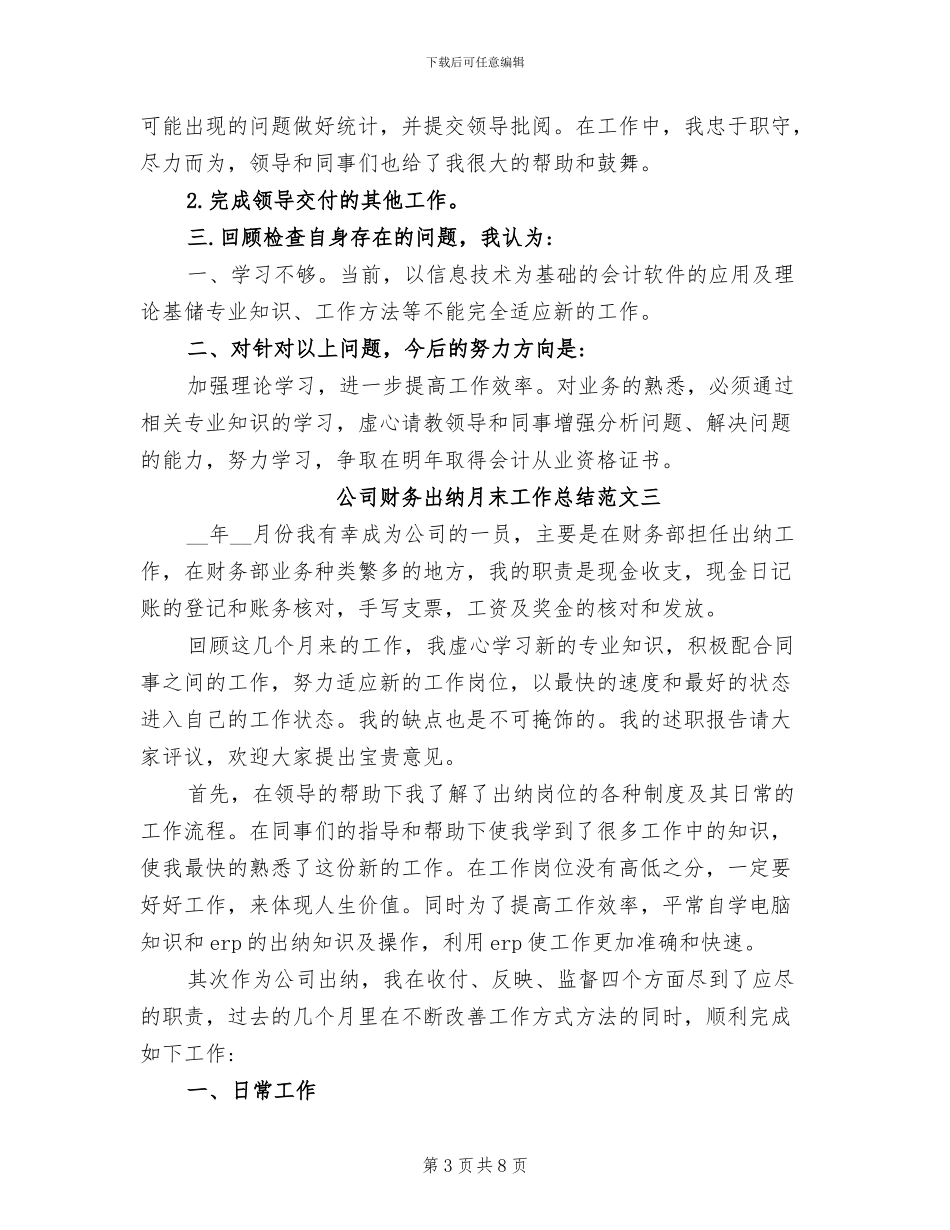 2024年公司财务出纳月末工作总结_第3页