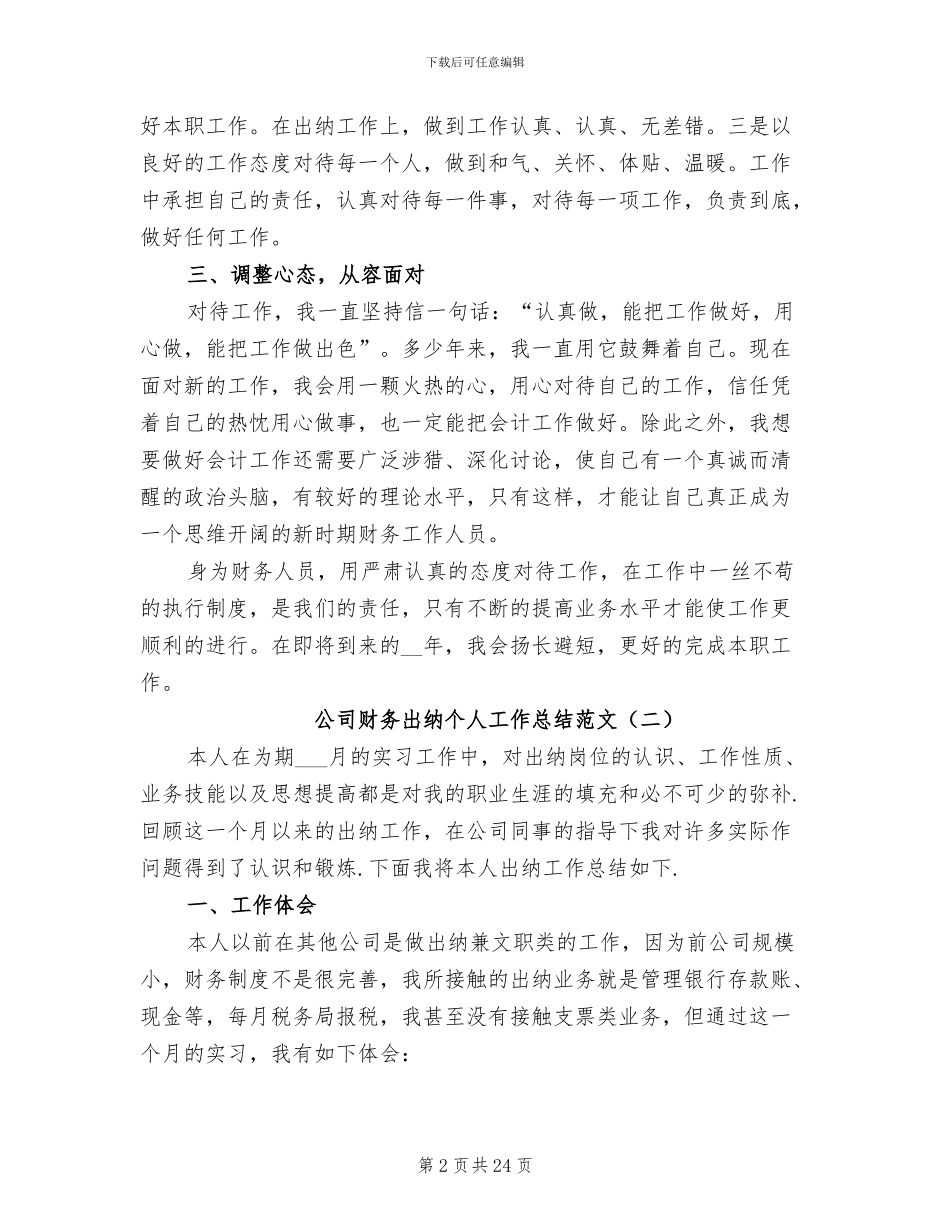 2024年公司财务出纳个人工作总结范文_第2页