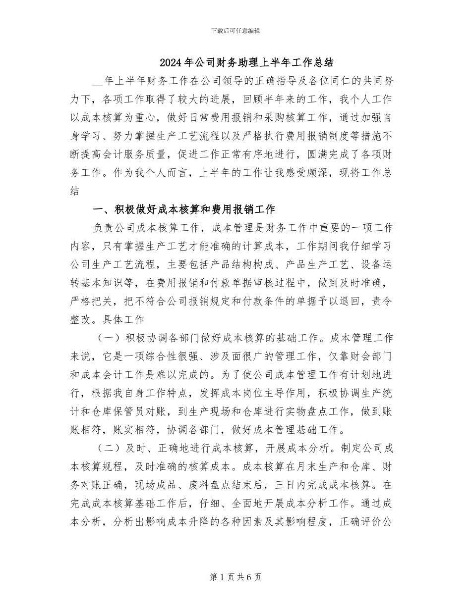 2024年公司财务助理上半年工作总结_第1页