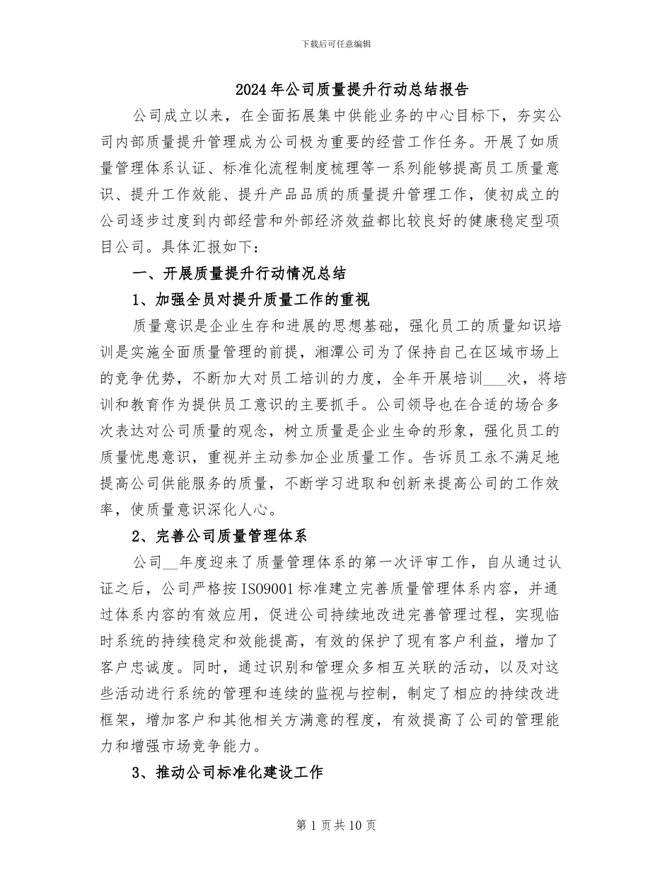 2024年公司质量提升行动总结报告_第1页