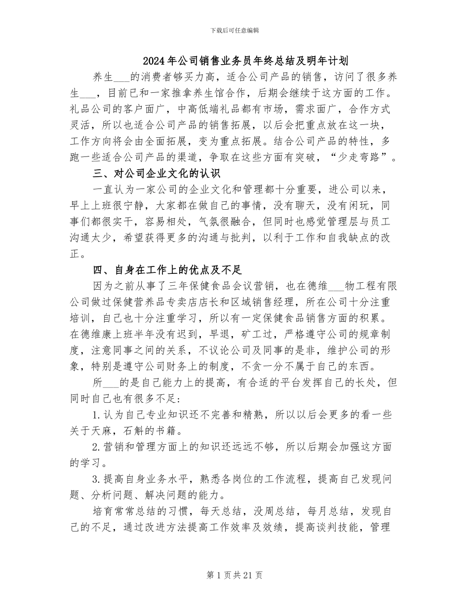 2024年公司销售业务员年终总结及明年计划_第1页