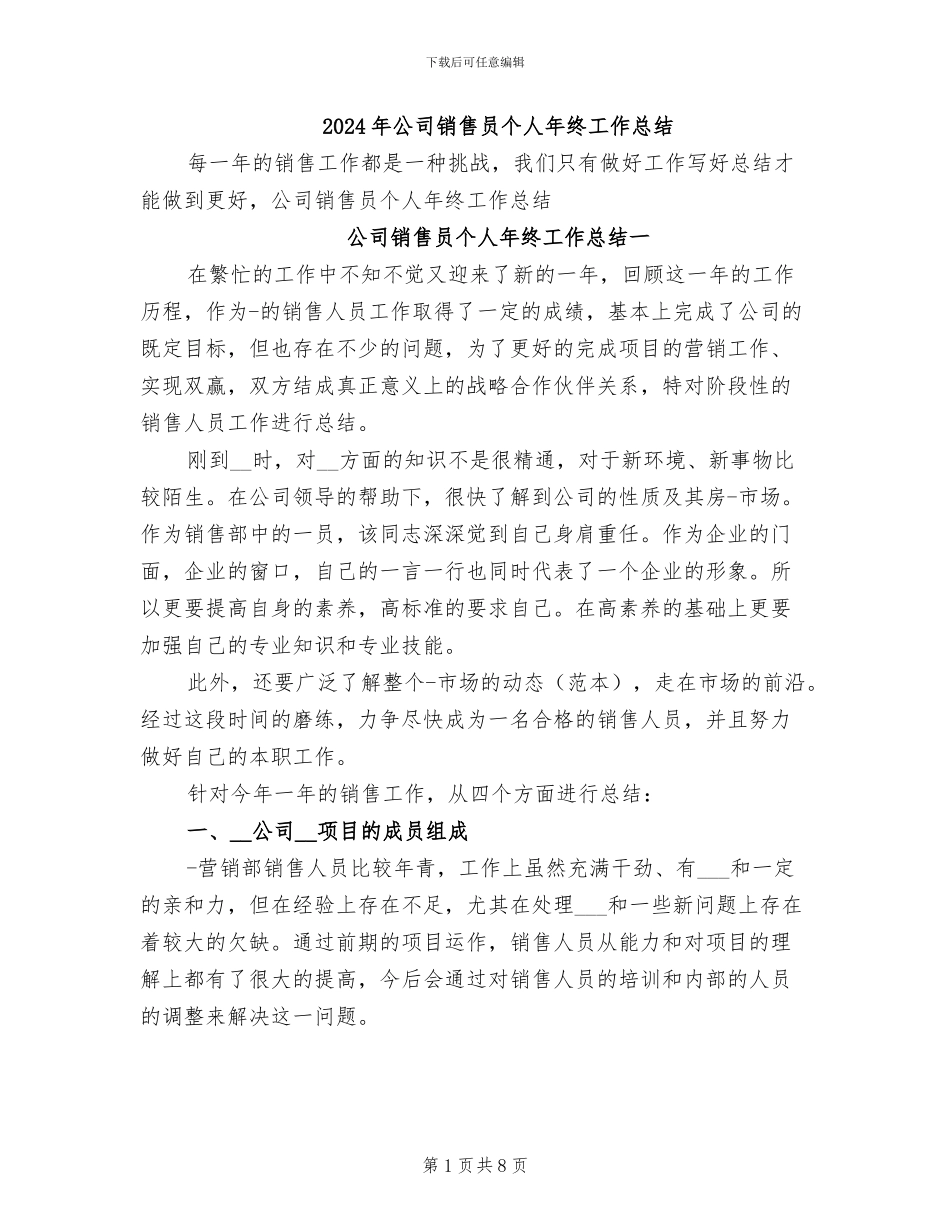 2024年公司销售员个人年终工作总结_第1页