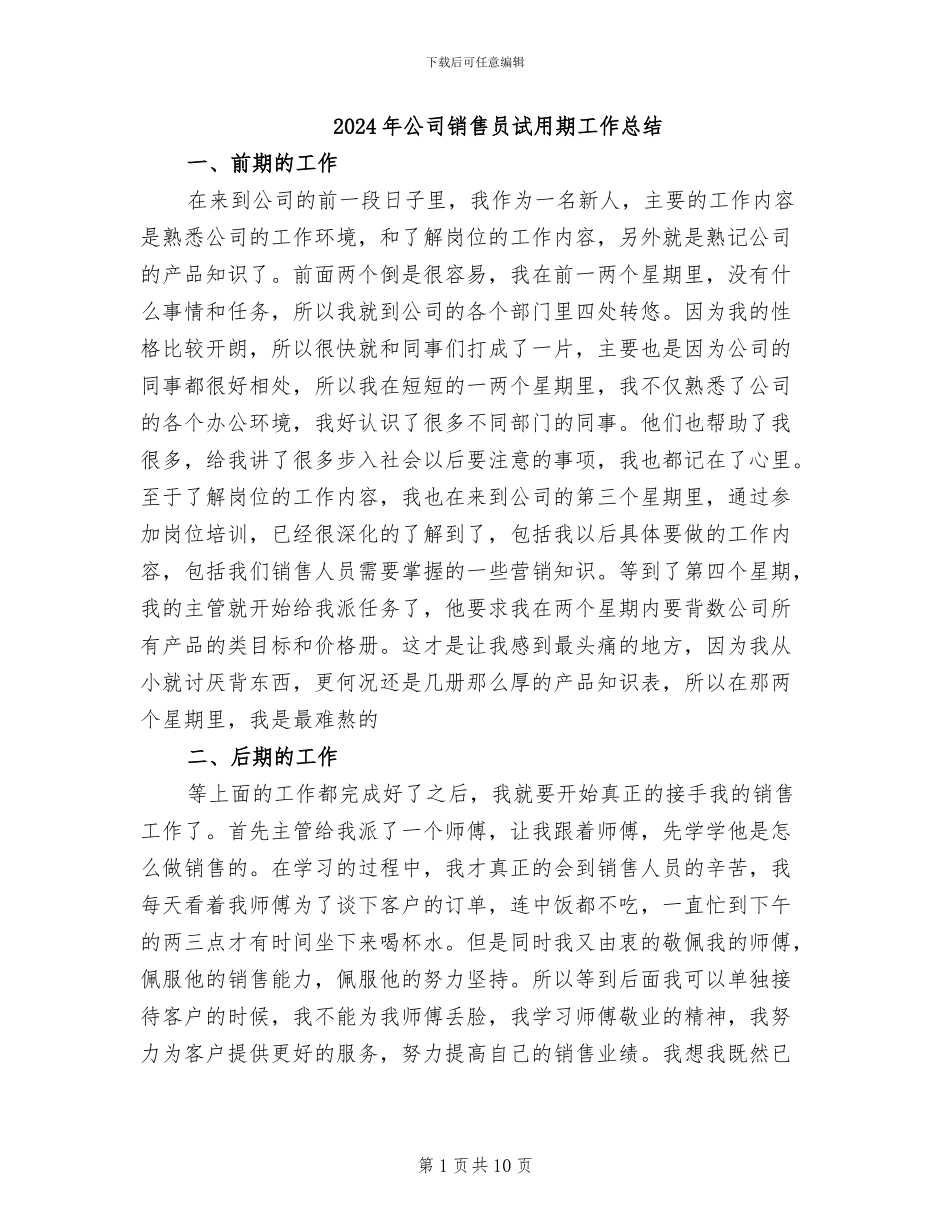 2024年公司销售员试用期工作总结_第1页