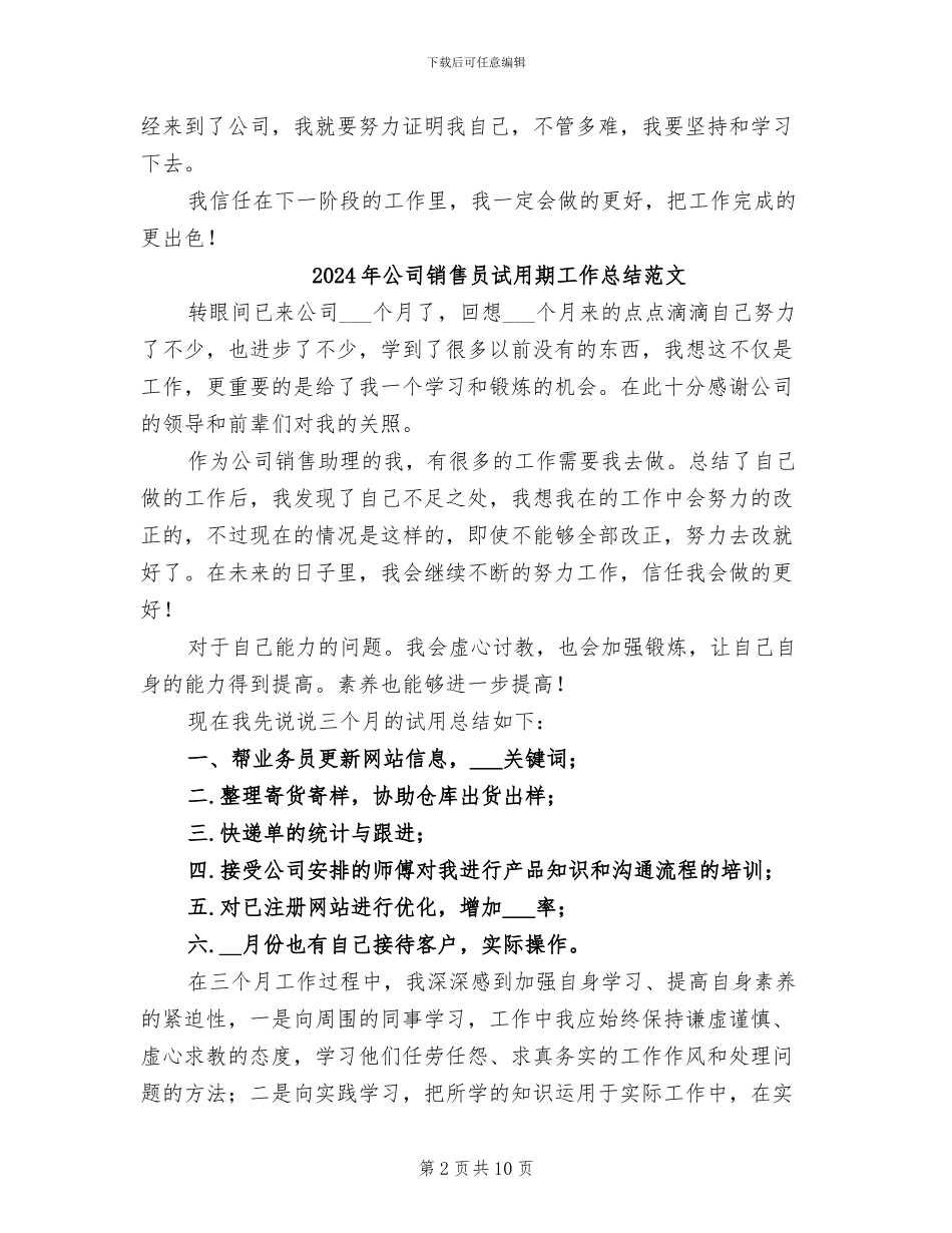 2024年公司销售员试用期工作总结_第2页