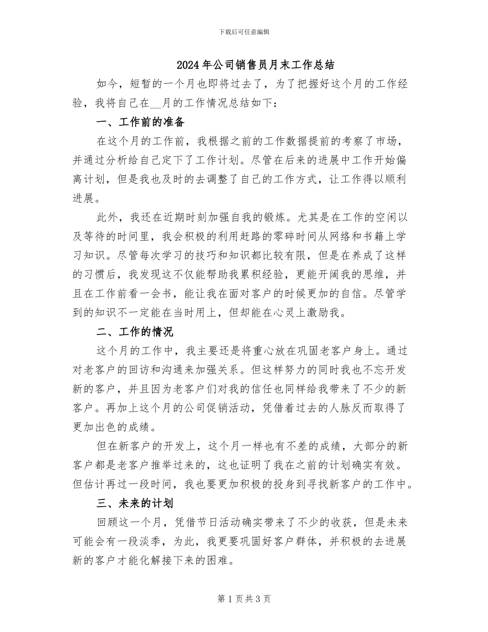 2024年公司销售员月末工作总结_第1页