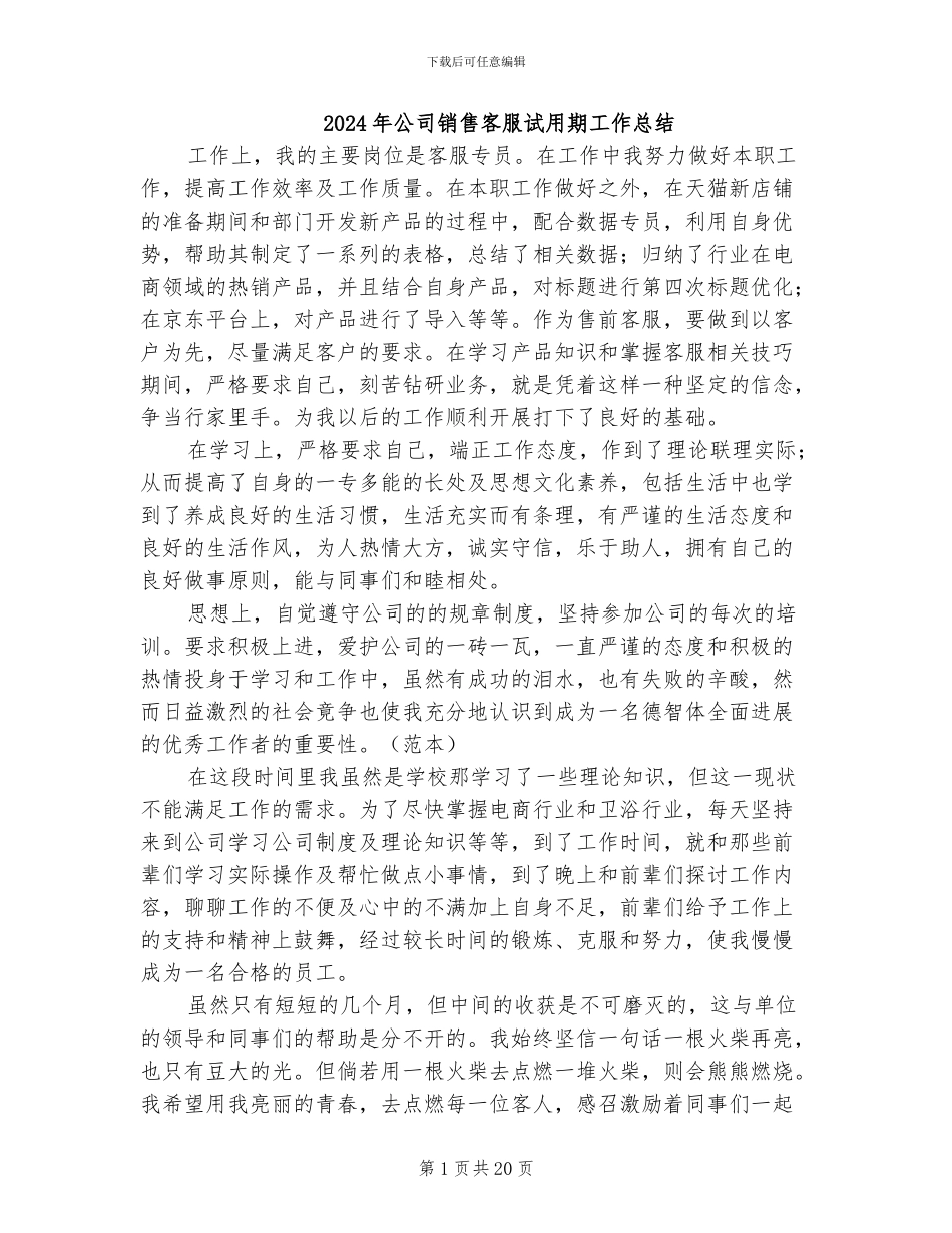 2024年公司销售客服试用期工作总结_第1页