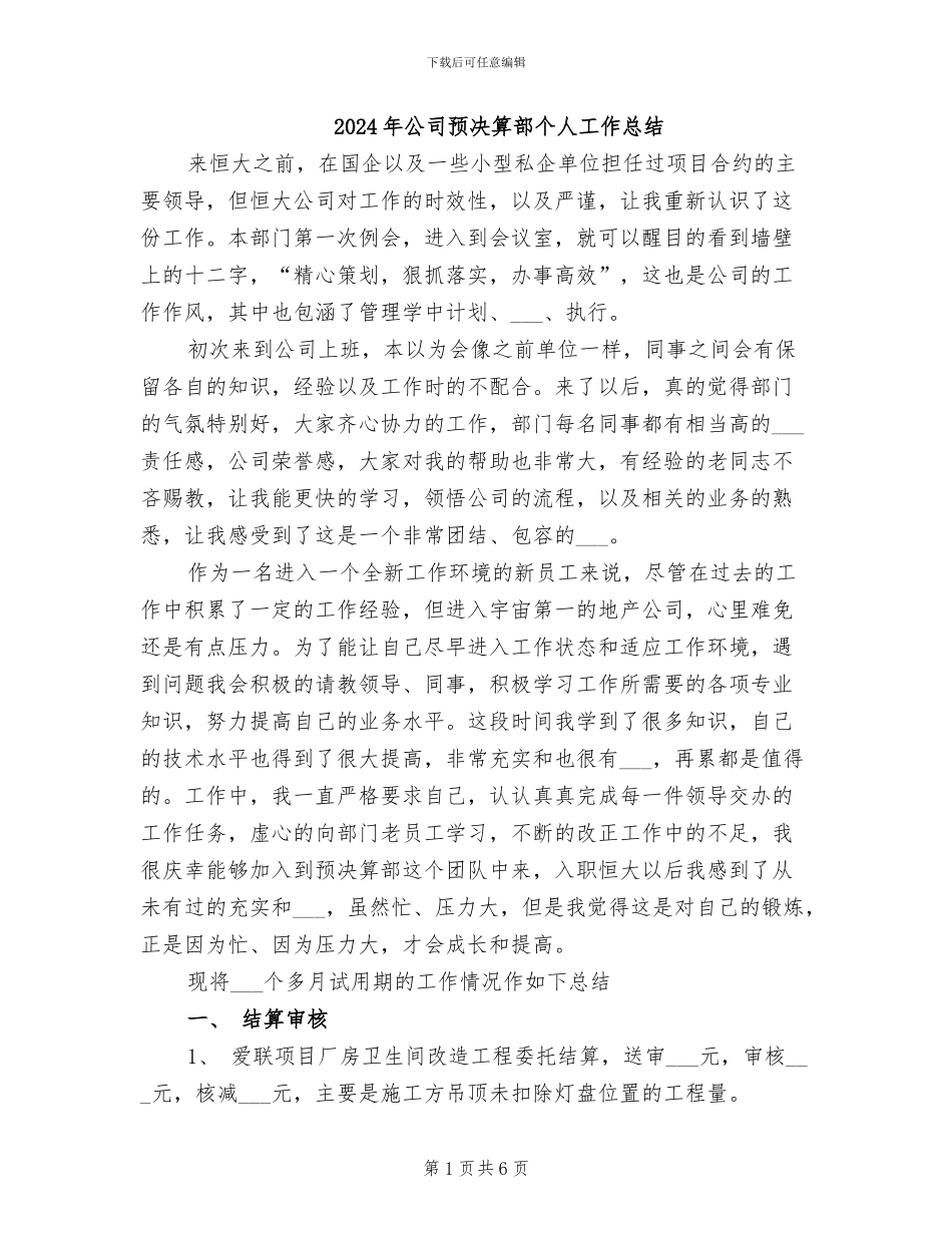 2024年公司预决算部个人工作总结_第1页