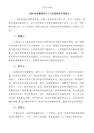 2024年共青团员个人工作总结及计划范文