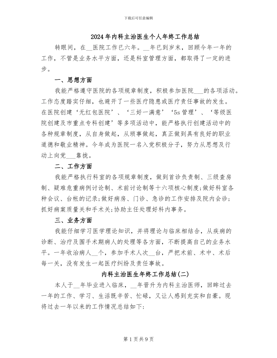 2024年内科主治医生个人年终工作总结_第1页