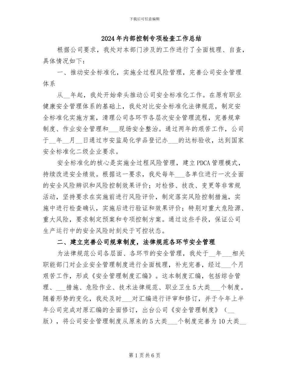 2024年内部控制专项检查工作总结_第1页