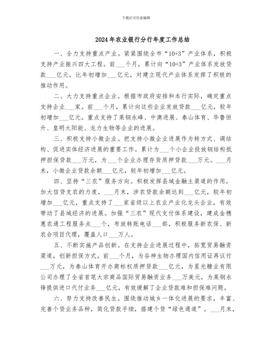 2024年农业银行分行年度工作总结_第1页